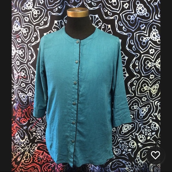 Hot Cotton sz M Turquoise blue linen quarter sleeve button down Shirt USA made - Picture 5 of 7